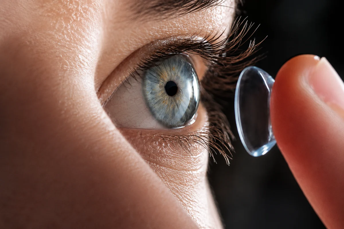 Close-up of an eye with a contact lens, illustrating contact lens use after retinal surgery.