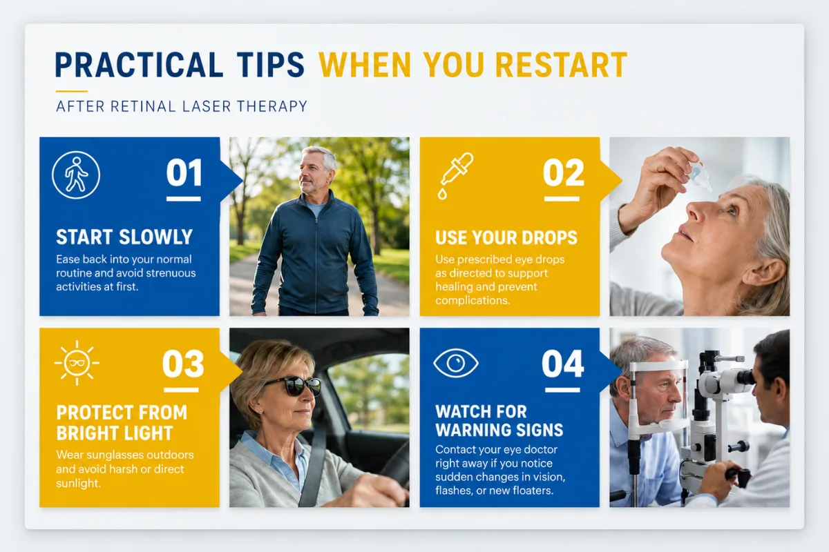 Practical recovery tips after retinal laser therapy including eye drops, light protection, and follow-up care.