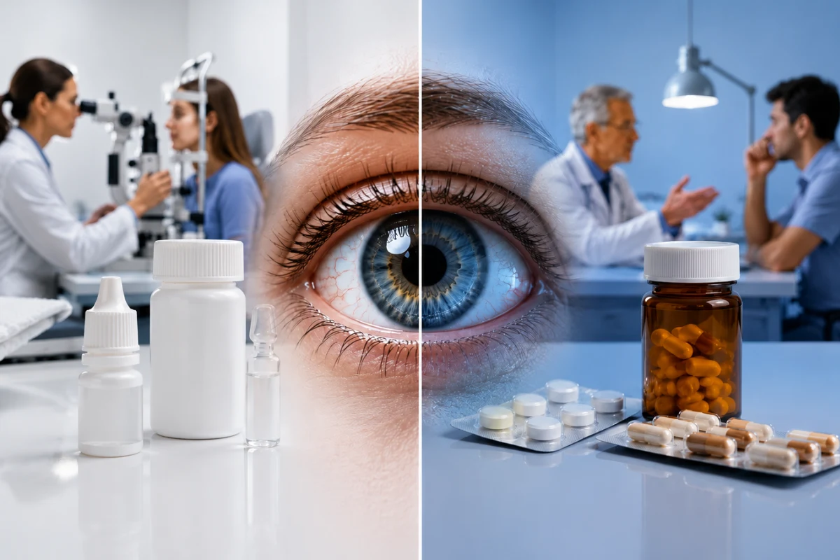 Eye medications and follow-up care after retinal surgery, including drops, tablets, and ophthalmology consultations.