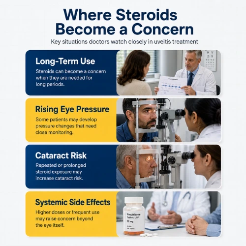 Steroids vs. Immunosuppressants: Which Is Best for Uveitis Treatment? 1 Infographic explaining steroid-related risks such as increased eye pressure, cataracts, and side effects during retinal treatment.