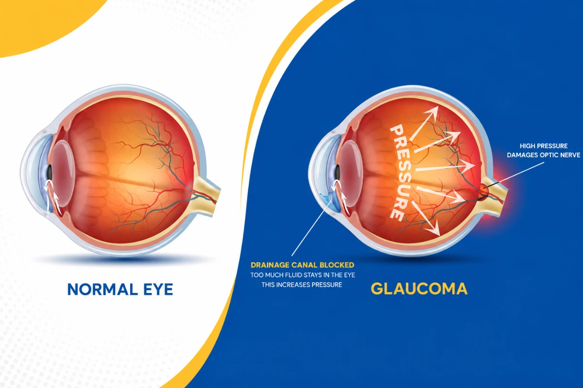 Normal eye compared with glaucoma showing increased eye pressure and optic nerve damage