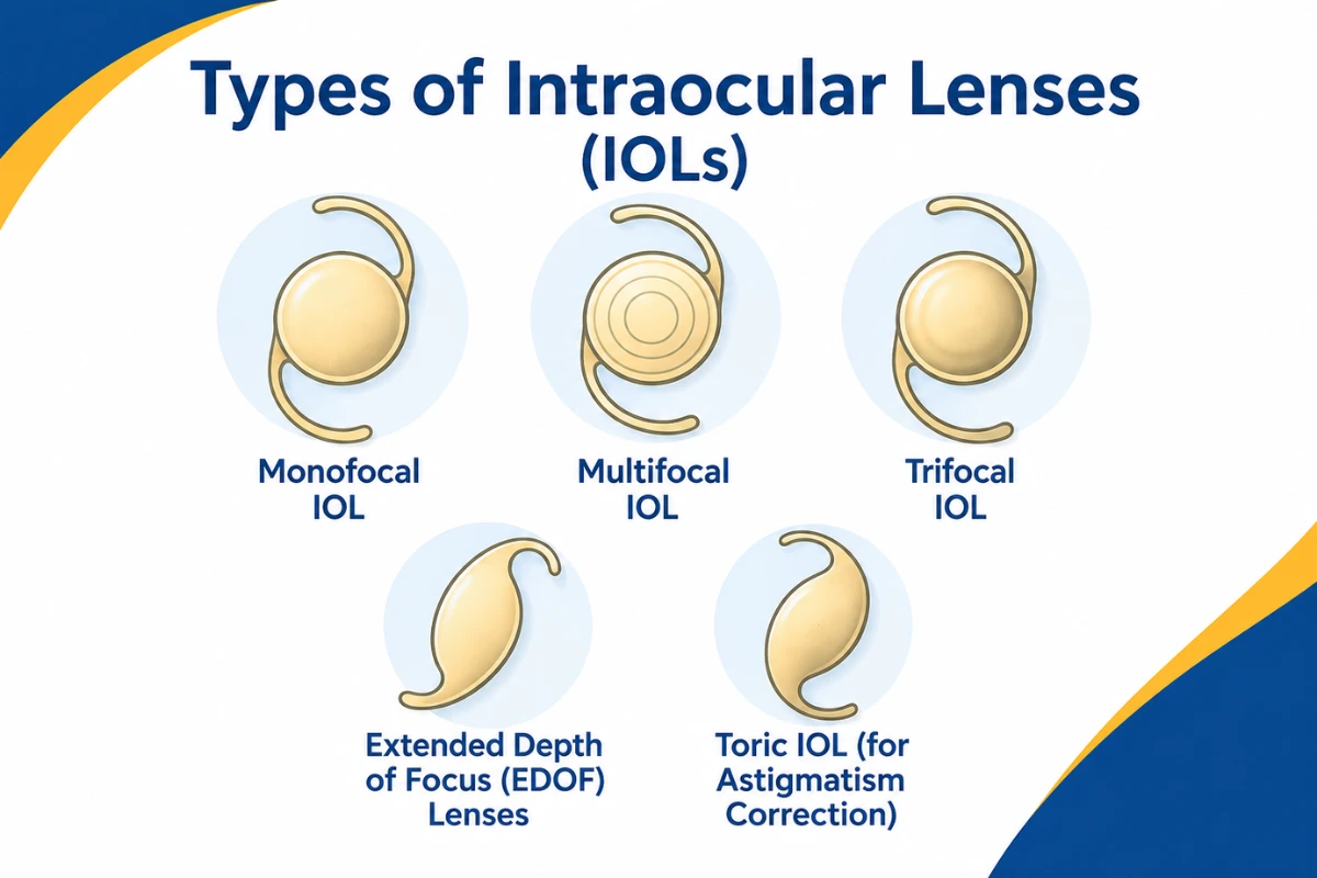 Types of intraocular lenses including monofocal, multifocal, trifocal, EDOF and toric IOLs