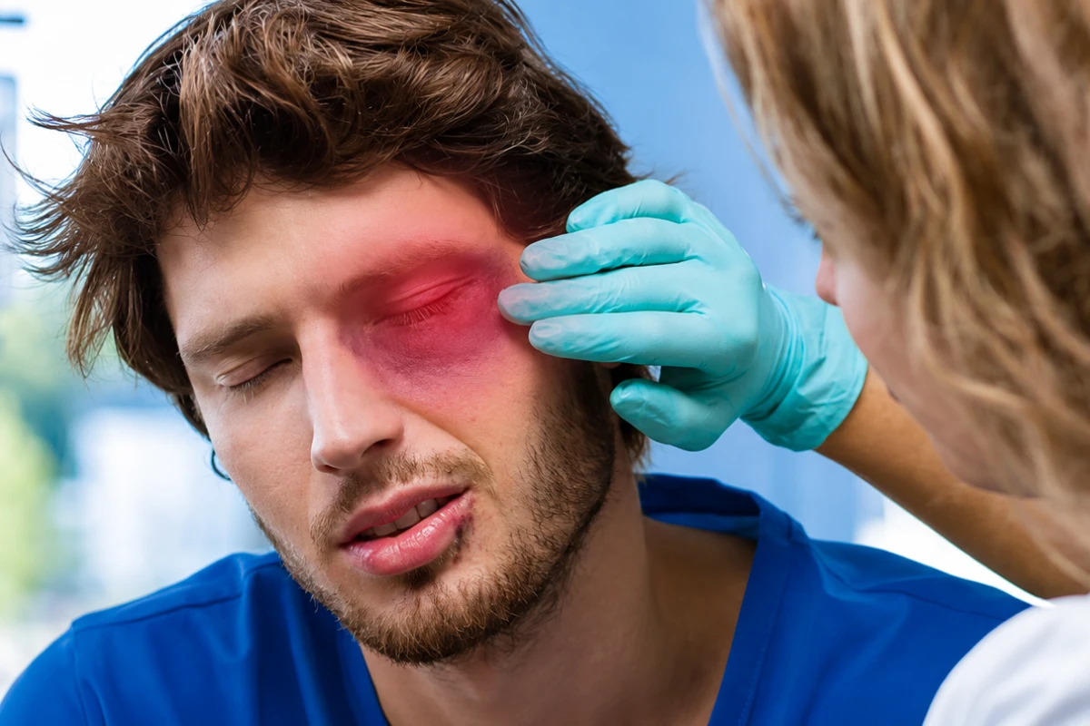 Patient receiving medical examination for a bruised eye after blunt trauma