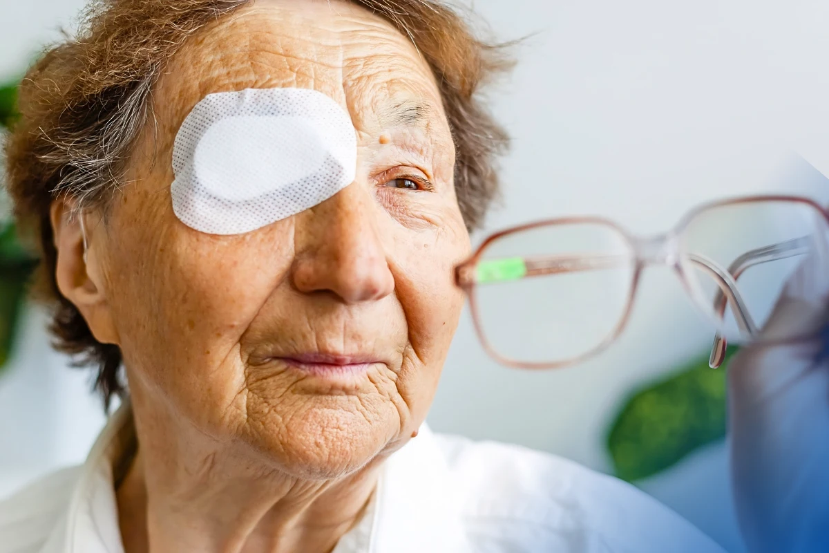 Older woman recovering after eye surgery with a protective eye patch
