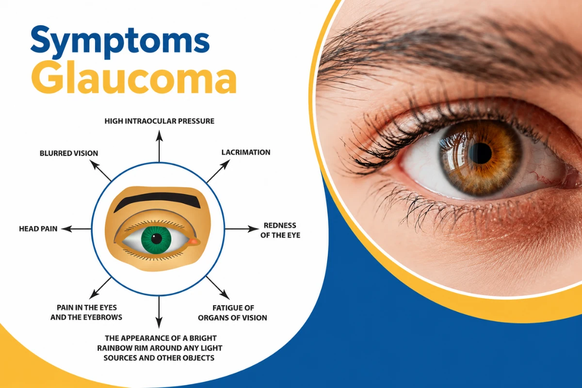 Infographic showing common glaucoma symptoms including blurred vision, eye pain, redness and high eye pressure