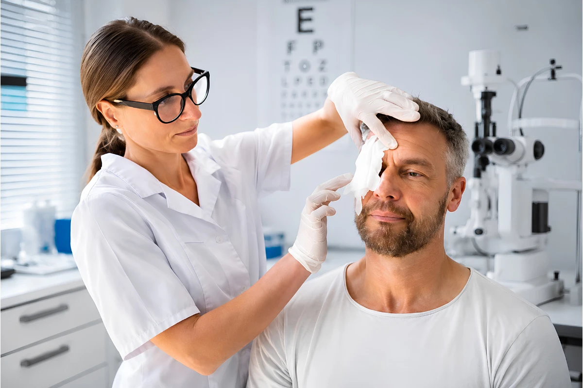 Ophthalmologist examining a patient's eye after an injury