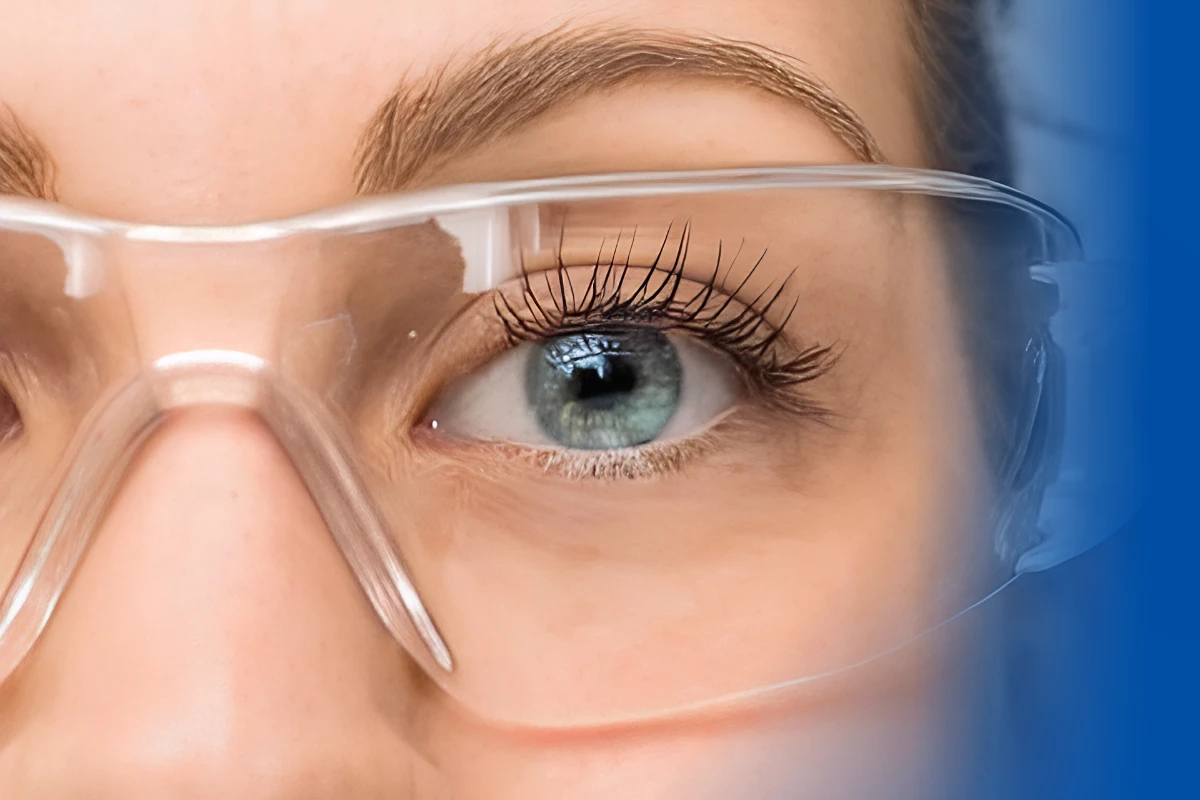 Close-up of an eye wearing protective eyewear to prevent ocular trauma
