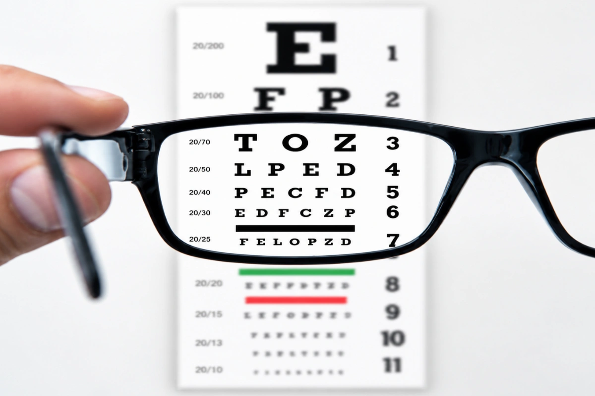 Hand holding eyeglasses in front of an eye chart during a comprehensive eye examination in Dubai