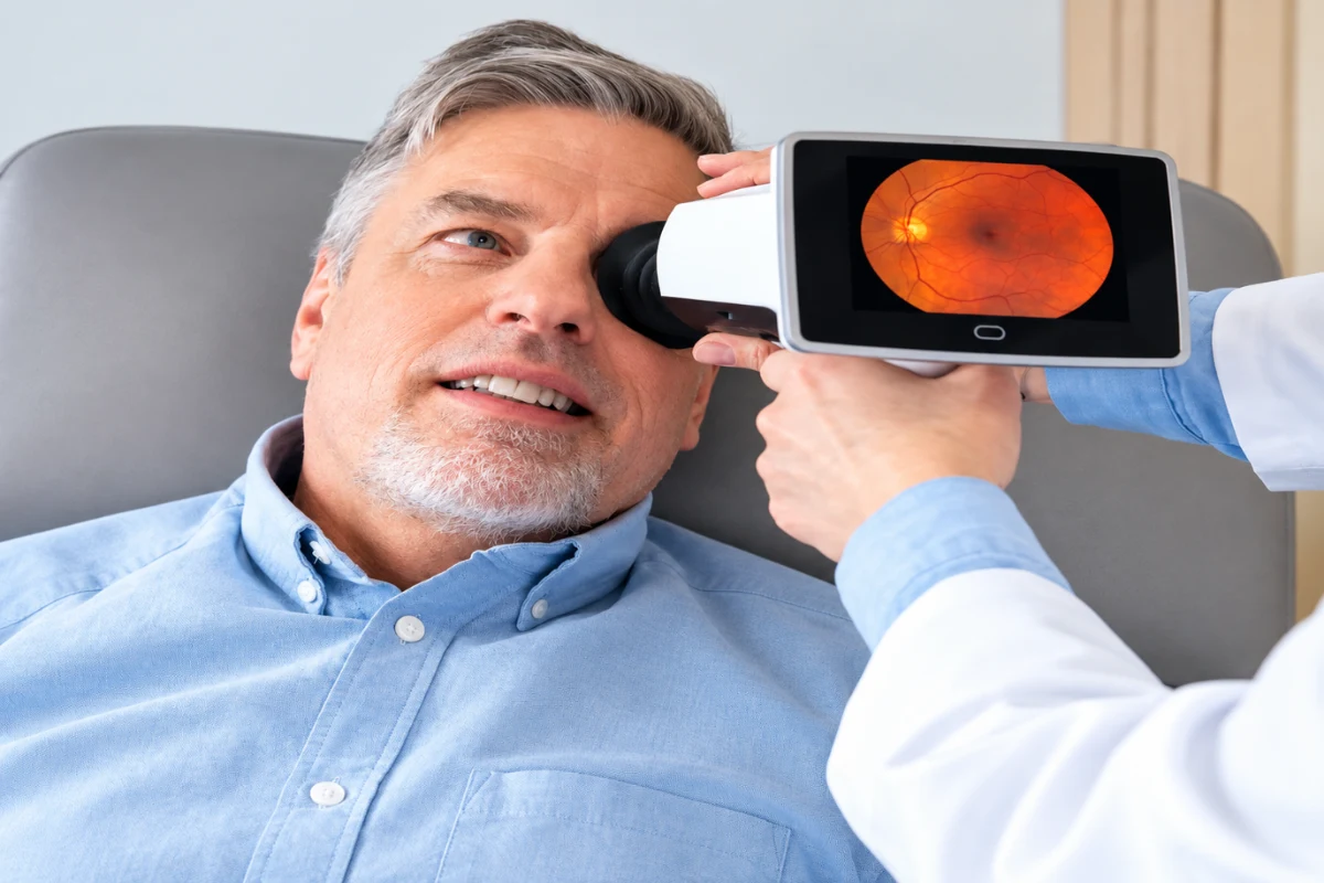 Patient undergoing a handheld fundus camera screening to capture high-resolution digital retinal images for diabetic retinopathy evaluation.