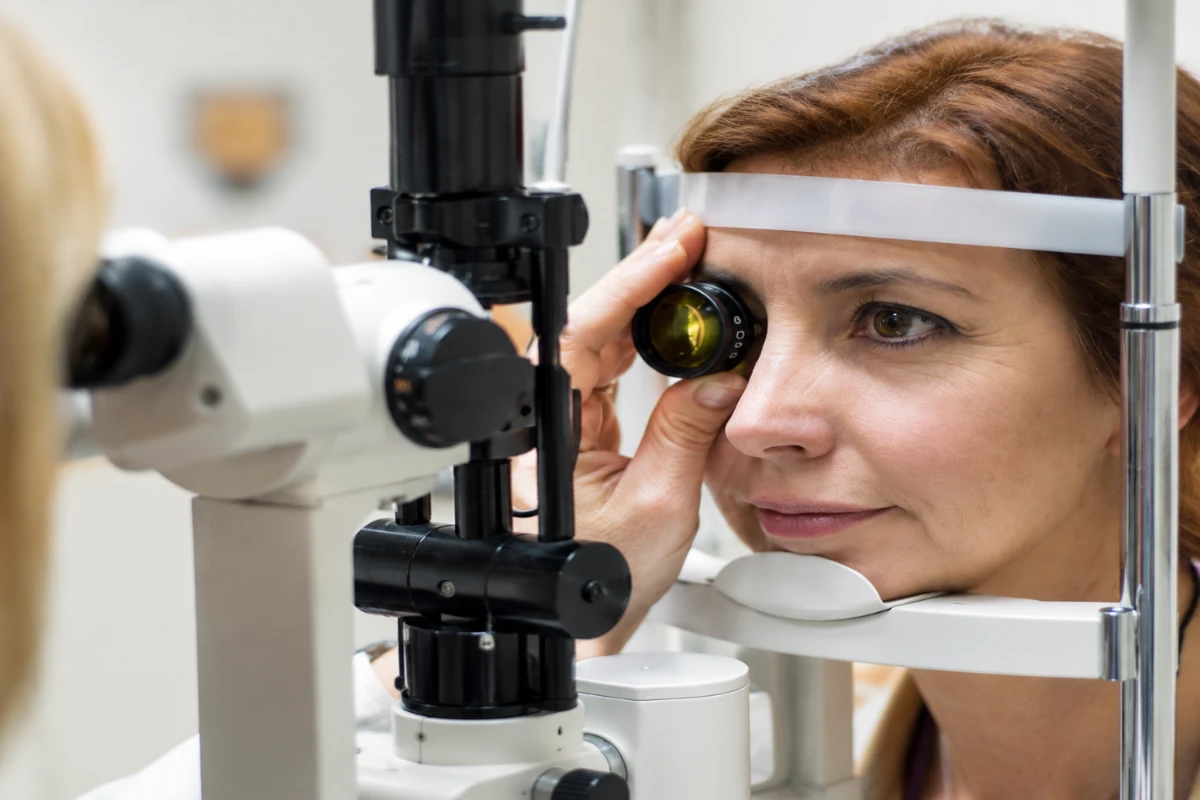 Ophthalmologist conducting a detailed dilated retinal checkup with a slit lamp diagnostic lens to screen for diabetic retinopathy changes.