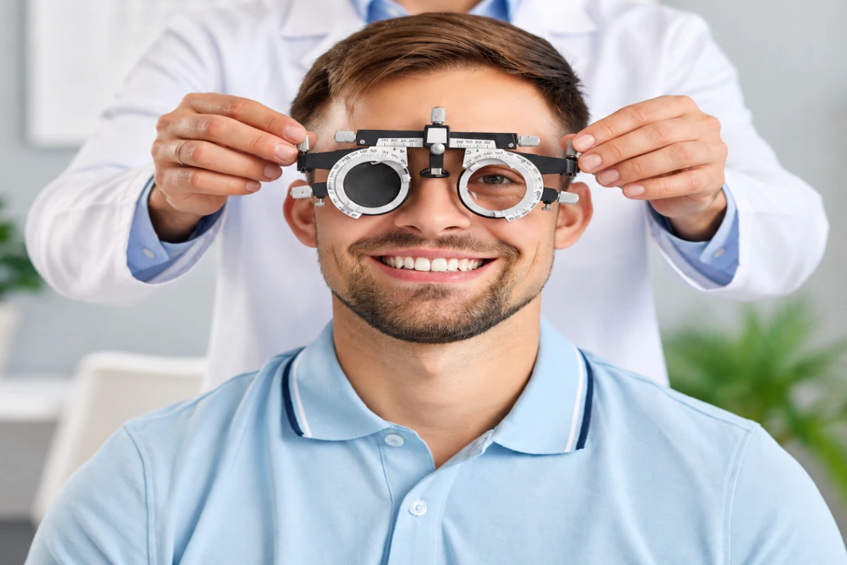 Ophthalmologist examining a patient using a trial frame for a baseline eye screening and refraction test