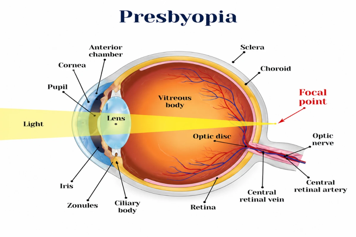 Medical diagram illustrating presbyopia anatomy and light focal point placement behind the retina