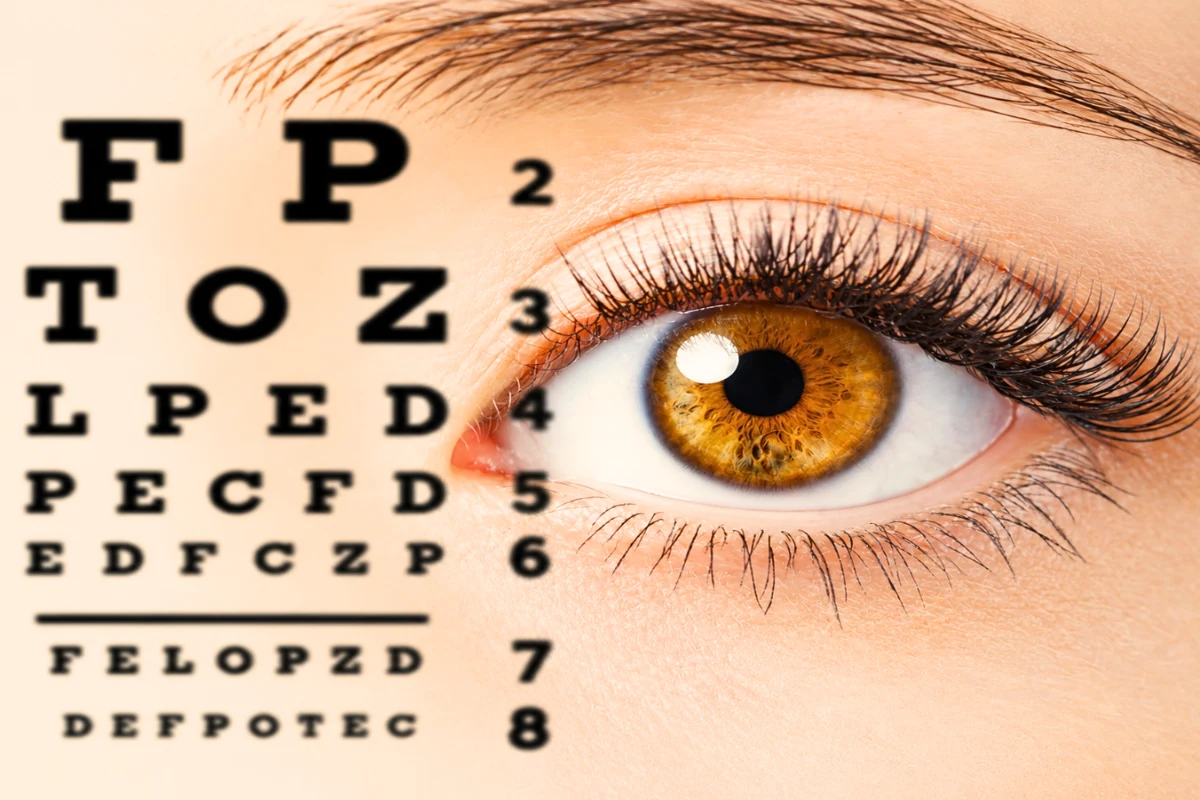 Close-up of a human eye with an eye chart background assessing near vision and presbyopia symptoms