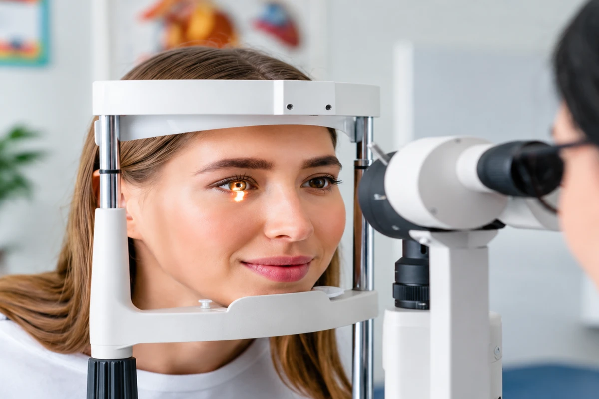 Young woman receiving a dilated diabetic eye examination using a clinical slit lamp microscope in an ophthalmology clinic.